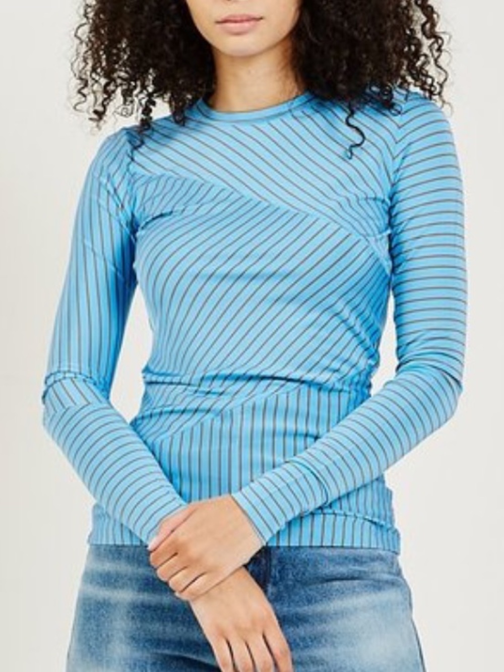 Maison Margiela MM6 Blue and Brown Striped Long-Sleeve Top Classic Crew Neck XS